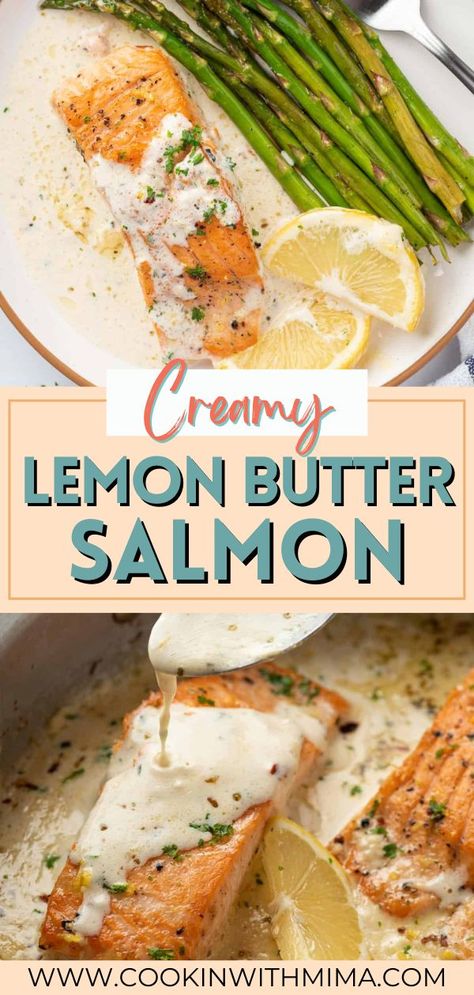 This Creamy Lemon Butter Salmon has a deliciously creamy sauce that’s infused with tart lemon and buttery flavor. This salmon recipe is so simple to make but feels so decadent and is perfect for any occasion. You only need a handful of simple ingredients to make this delicious and satisfying meal! Salmon Lemon Butter Sauce, Salmon And Asparagus Recipes, Mustard Sauce For Salmon, Lemon Sauce For Salmon, Salmon Recipe Pan, Lemon Butter Salmon, Fish Meals, Delicious Salmon Recipes, Lemon Garlic Sauce