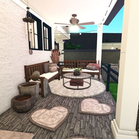 roblox bloxburg Bloxburg Decorating Ideas Outside, Things To Add In Bloxburg House, Bloxburg Back Porch Ideas, Porch Idea Bloxburg, Bloxburg Chill Room Ideas, Pathway Ideas Bloxburg, Bloxburg House Porch, Bloxburg Porch Ideas Aesthetic, Ways To Fill Up Space In Bloxburg