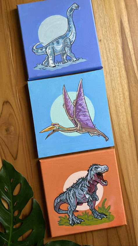 Dinosaur Canvas Art, Cartoon Dinosaur Painting, Ceramic Dinosaur Painting Ideas, Acrylic Painting Dinosaur, Canvas Painting Ideas Dinosaur, Oil Pastel Dinosaur, Easy Dinosaur Painting On Canvas, Dinasour Painting Canvas Easy, Cute Dinosaur Painting Acrylic