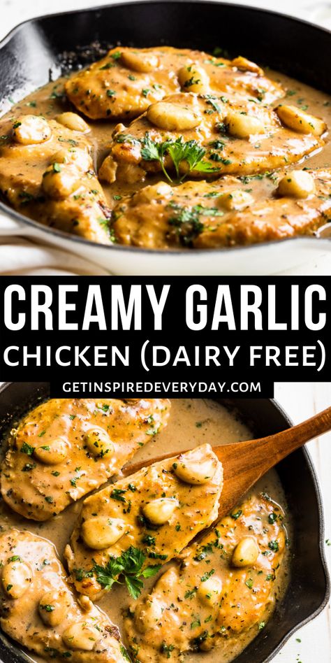 Dairy Free Comfort Food, Chicken Dairy Free, Chicken Recipes Dairy Free, Sautéed Chicken, Dairy Free Sauces, Dairy Free Recipe, Dairy Free Recipes Dinner, Creamy Garlic Chicken, Dairy Free Dinner