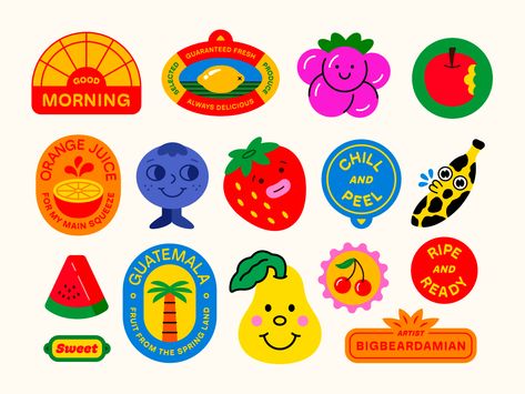 Fruit Stickers Vintage, Art Club Stickers, Fruit Sticker Illustration, Fruit Stickers Design, Fruit Label Sticker, Grocery Graphic Design, Vintage Fruit Illustration, Vintage Fruit Stickers, Fruit Sticker Tattoo