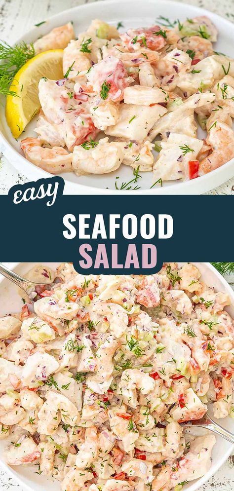 Seafood Salad! 🦐🦀 Perfect for summer gatherings or a healthy meal at home. Creamy Dijon dressing meets tender shrimp and sweet crab for a delicious combo. #SeafoodSalad #EasyRecipes Seafood Lettuce Salad, Seafood Salad Sandwich, Seafood Cocktail Recipes, Easy Seafood Salad Recipe, Seafood Salad Dressing, Easy Crab Salad Recipe, Cajun Seafood Salad, Seafood Salad Recipe With Crab Shrimp, Seafood Pasta Salad Crab And Shrimp