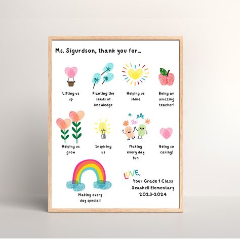 Fingerprint Art, Teacher Thank You Cards, Art Mignon, Year End, Personalized Teacher Gifts, Rainbow Background, Teacher Thank You, Gift For Teacher, Card Printable