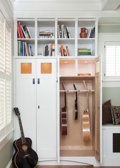 Eclectic Closet by Copper Sky Renovations Music Room Storage, Wainscoting Bedroom, Guitar Storage, Home Music Rooms, Music Storage, Guitar Room, Music Studio Room, Music Room Decor, Piano Room