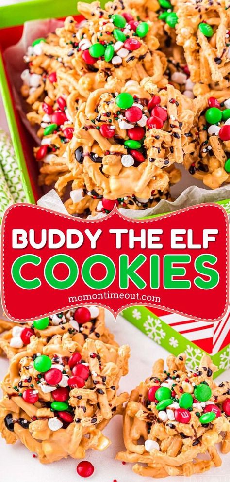 Over the top Buddy the Elf Cookies take your classic Haystacks recipe and add all the toppings you would expect from Buddy! Better than your average North Pole treat, these easy no bake Elf Cookies are a total showstopper and perfect for movie night, Christmas cookie trays and holiday parties! Elf With Cookies, Elf Snacks Parties Food, Elf Theme Snacks, Buddy The Elf Dessert Ideas, Buddy Elf Cookies, Elf Christmas Party Food, Elf Inspired Food, Kids Christmas Movie Night Ideas, Christmas Treat Exchange Ideas