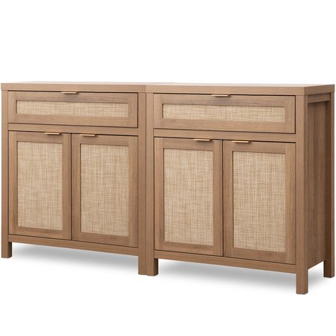 PRICES MAY VARY. 【Farmhouse Sideboard】Our credenza blends modern and farmhouse styles with its wooden cupboards, rattan doors, and gold handles, making it a perfect addition to any room in your home. 【Large and Flexible Storage】With spacious rattan cabinet and drawer, this buffet cabinet offers ample storage space for dishes and silverware. The adjustable shelf allows you to customize the interior space to suit your storage needs perfectly. 【Durable and Stable Construction】Crafted from high-qual Buffet Cabinet, Rattan Sideboard, Farmhouse Coffee Bar, Farmhouse Sideboard, Modern Buffet, Buffets & Sideboards, Sideboard Storage Cabinet, Living Room Cabinets, Kitchen Cabinet Storage