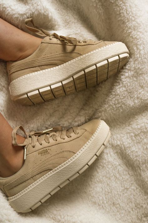 Puma Platform Trainers in Trace with Contrast Sole  Suede Nude Beige Tan Platform Trainers, shoes  Tan Trainers Beige Trainers Beige Trainers, Puma Shoes Women, Trending Womens Shoes, Dr Shoes, Shoe Wardrobe, Shoes Diy, Shoes Ideas, Mid Top, Pumas Shoes