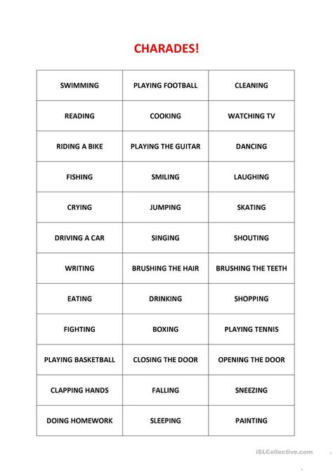 Charades! - English ESL Worksheets for distance learning and physical classrooms Charade Ideas, Charades For Kids, Charades Cards, Drama Activities, Charades Game, Classroom Games, Group Games, Esl Worksheets, Family Night