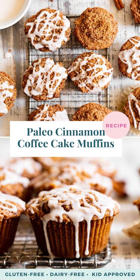 These classic cinnamon coffee cake muffins have it all – sweet, fluffy moist, tender muffins topped with loads of cinnamon crumbs and an optional icing! They’re paleo, gluten-free, dairy-free, kid approved and perfect for breakfast treats, snacks and dessert. These really do have it all, they are quick to make and include the icing recipe if you want extra sweetness! I use powdered monk fruit to avoid too much added sugar. Cinnamon Coffee Cake Muffins, Paleo Coffee Cake, Coffee Cake Muffin Recipes, Paleo Muffin Recipes, Paleo Baking Recipes, Paleo Coffee, Paleo Banana Muffins, Coffee Muffins, Muffins Paleo