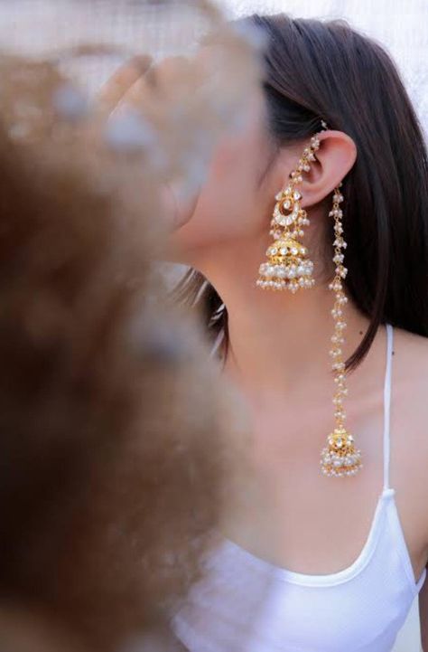 Very Fine Stylish Long Jadau Pachi Kundan Earrings with Kanchain/ Best Kundan Jhumki / Statement Earrings / Chaandbali Long Kundan Earrings Jewelry For Wedding Indian, Gold Earring Indian, Indian Earrings Aesthetic, Pahadi Jewellery, Long Earrings Indian, Stylish Gold Earrings, High Jewelry Design, Butter Paper, Periodic Elements