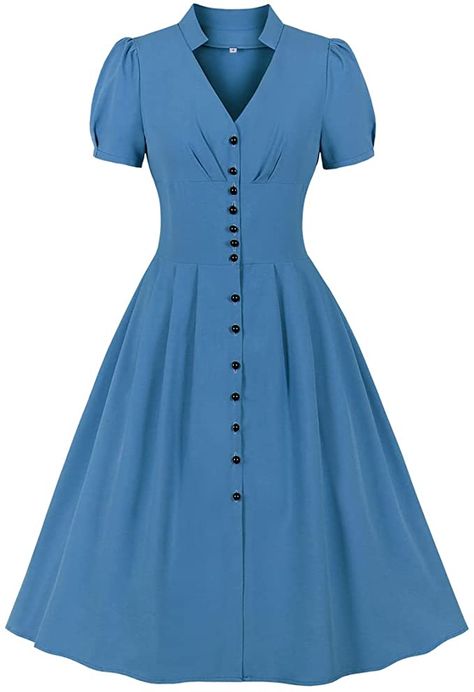 Wellwits Women's Solid Collared V Neck Button up Summer Vintage Dress Green M at Amazon Women’s Clothing store 1950s Audrey Hepburn, Audrey Hepburn Style, Hepburn Style, Style Pink, Audrey Hepburn, Vintage Dress, Retro Dress, Swing Dress, Short Sleeves