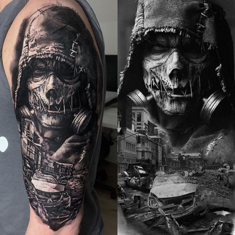 240+ Menacing Zombie Tattoos Ideas and Designs (2022) - TattoosBoyGirl Apocalypse Tattoo Sleeve, Chernobyl Tattoo, Apocalypse Tattoo, Zombie Tattoo, Gas Mask Tattoo, Tattoo Bras Homme, Design Tatuaje, Zombie Tattoos, Skull Sleeve Tattoos