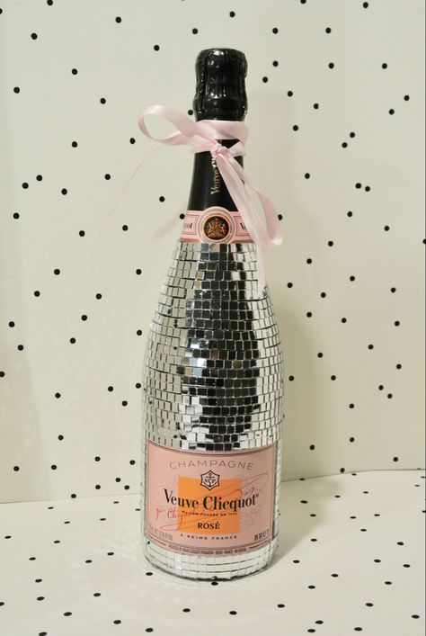 Disco Champagne Aesthetic, Veuve Clicquot Decorated Bottle, Disco Alcohol Bottle, Disco Veuve, Disco Ball Wine Bottle, Bedazzled Veuve Bottle, Birthday Gift Inspiration, Disco Ball Bottle, Disco Wine Bottle