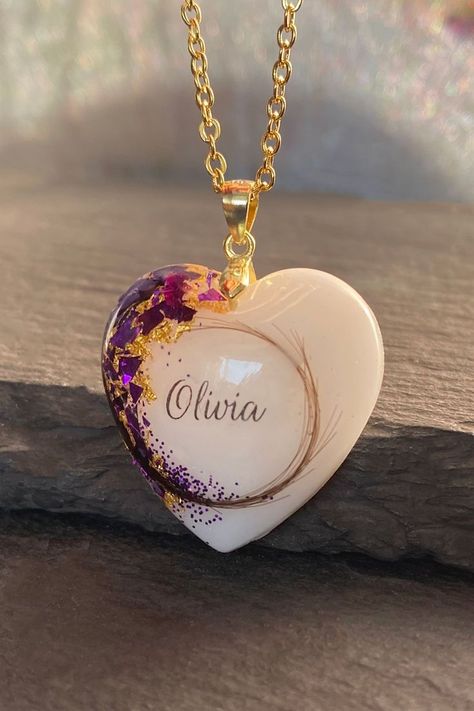 Breastmilk Jewelry Heart with February Purple and Gold Flakes with my Name Resin Heart Pendant, Resin Keepsake Ideas, Cercei Din Lut Polimeric, Breastmilk Necklace, Breast Milk Jewelry, Diy Resin Earrings, Resin Pendant Diy, Milk Jewelry, Faberge Jewelry