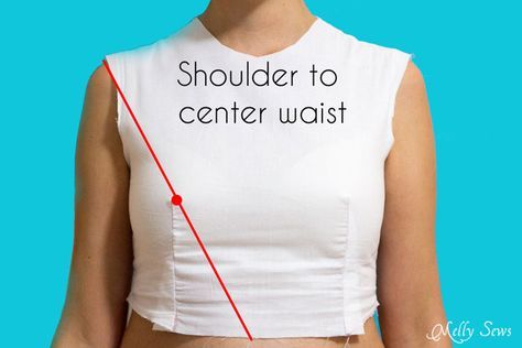 Measure Shoulder to Center Waist Front - Melly Sews                                                                                                                                                                                 More Bodice Tutorial, Sloper Pattern, Fitted Top Pattern, Bodice Block, Melly Sews, Sewing Alterations, Bodice Pattern, Beginner Sewing Projects Easy, Top Measurements