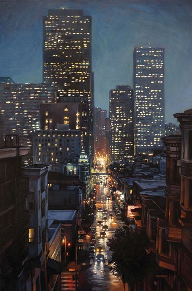 Painting Of City At Night, New York Night Painting, Night Scape Painting, City Buildings Painting, City At Night Art, City Night Drawing, Rainy Night Painting, Painting City Night, City Night Painting