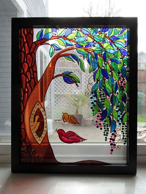 painted glass | creativeartworksblog Art Glass Painting, Landscape Modern Art, Family Tree Art, Glass Painting Designs, Abstract Flower Art, Painting Wall Decor, Tree Wall Decor, 3d Painting, Painting Wall