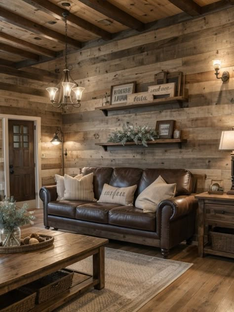 Wood Walls Living Room, Cabin Living Room, Shiplap Walls, Cabin Interiors, Cabin Living, Farmhouse Living Room, Coastal Retreat, Tiny House Cabin, Cabin Style