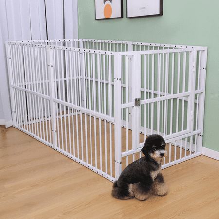 The dog playpen can be used as a kennel, crate, pet hangout, playroom, or even as a designated time-out zone. It can be used for a single animal or multiple pets. It's light, foldable, and easy to set up and break down. With rust-resistant coated metal and 0.8 mm metal thickness, the metal fence is built to last. Product Features For indoor and outdoor Applications Indoors: The dog playpens have a rubber gasket that prevents the fence from slipping during jumpings and protects your floor from sc Playpens For Dogs, Indoor Dog Area Ideas, Dog Playpen Indoor Ideas, Indoor Dog Kennel Ideas, Dog Spaces In House, Indoor Dog Pen, Portable Dog Fence, Dog Room Design, Dog Fencing