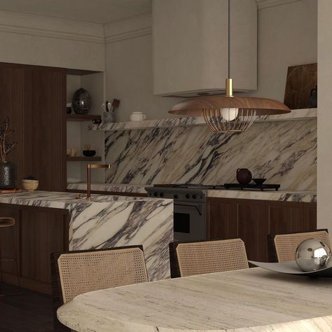 Walnut & calacatta monet #kitchendesign #homeinspo #kitchenremodel #marble #interiorinspiration #interiordesigneruk #warmminimalism | Instagram Calacatta Monet Marble, Walnut Interior Design, Wood And Marble Kitchen, Calacatta Kitchen, Monet Marble, Calacatta Monet, Marble Kitchen Decor, Calacatta Marble Kitchen, Walnut Wood Kitchen