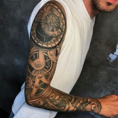 Mechanical Sleeve Tattoo Mechanical Sleeve Tattoo, Family Sleeve Tattoo, Sleeve Tattoos For Men, Gear Tattoo, Mechanic Tattoo, Skull Sleeve Tattoos, Disney Tattoo, Gorgeous Tattoos, Full Sleeve Tattoos