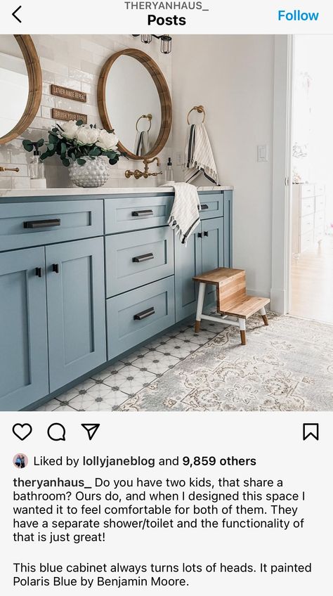 Benjamin Moore Polaris Blue, Polaris Blue, Blue Green Bathrooms, Bathroom Cabinet Colors, Light Blue Bathroom, Painted Vanity Bathroom, Blue Bathroom Vanity, Painted Vanity, Brown Bathroom