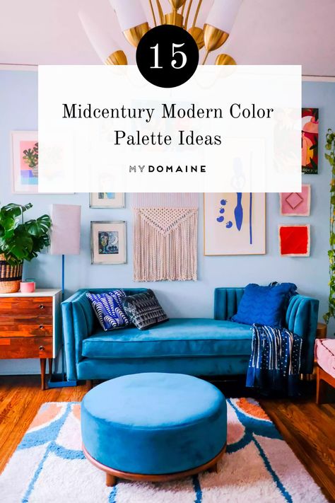 Color Schemes Home Decor, Colourful Mcm Living Room, Bold Mid Century Modern, Mcm Bedroom Colorful, Airbnb Color Scheme, Mid Century Modern Living Room 2023, Midcentury Style Living Room, Retro Inspired Home Decor, Modern Apartment Color Palette