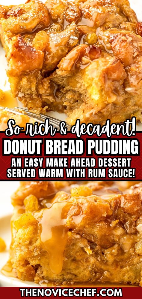 This warm and toasty donut bread pudding recipe is the perfect excuse to use up leftover donuts! Once you add the homemade buttery rum sauce on top, you won't believe how quickly it disappears. You can also prep it ahead for an impressive, but easy dessert for a dinner party! Bread Pudding Recipe With Rum Sauce, Bread Pudding Rum Sauce, Quick Bread Pudding, Donut Bread Pudding Recipe, Rum Bread Pudding, Bread Pudding Recipe With Vanilla Sauce, Bread Pudding Sauce, Donut Bread Pudding, Sweet Easy Recipes