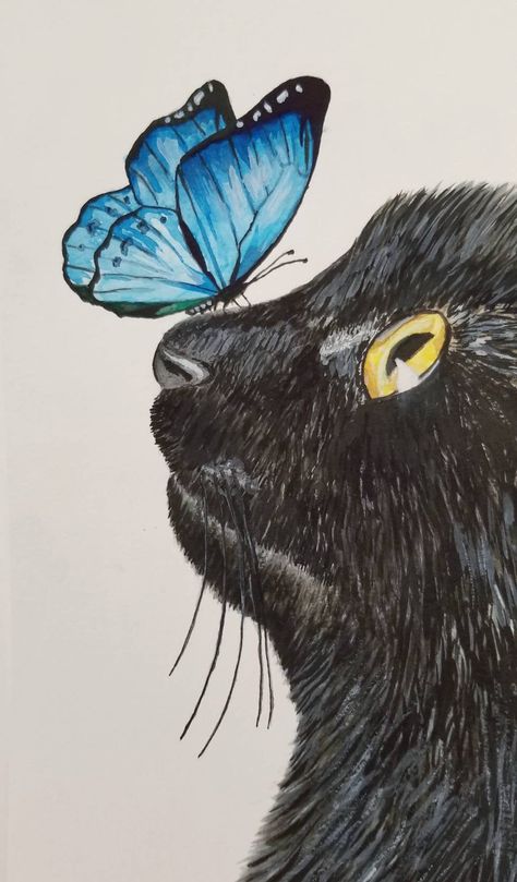 Butterfly On Cats Nose Drawing, Croquis, Cat And Bird Painting, Cat And Butterfly Painting, Cat Art Inspiration, Painting Ideas Of Animals, Painting Ideas Cute Animals, Animal Portraits Art Drawings, Cat Flower Painting