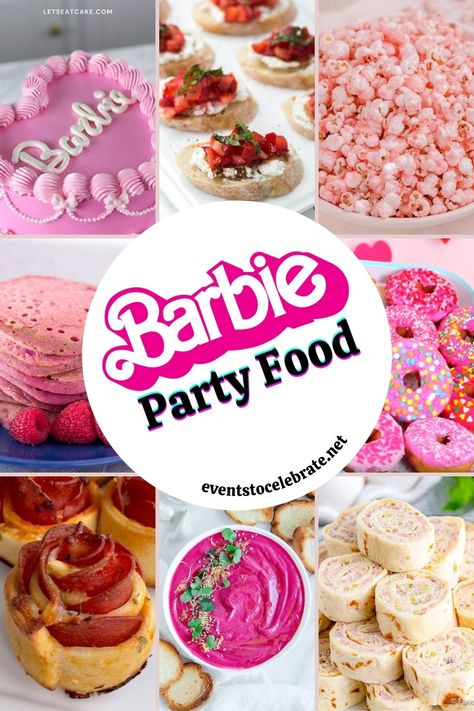 Barbie Themed Party Snacks, Food For A Barbie Party, Barbie Themed Sleepover Party, Food Ideas For Barbie Party, Barbie Dinner Party Food, Snacks For Barbie Party, Barbie Party Food Savoury, Barbie Birthday Snack Ideas, Barbie Party Finger Foods