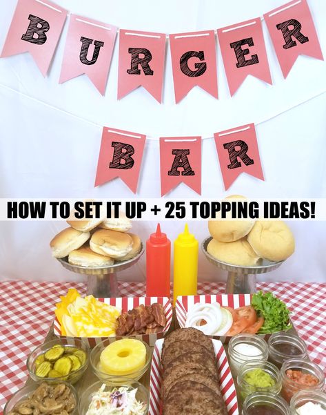 Hamburger Bar, Gourmet Burger Bar, Hamburger Party, Hamburger Toppings, Foodtrucks Ideas, Party Food Bars, Bbq Party Food, Toppings Bar, Burger Party