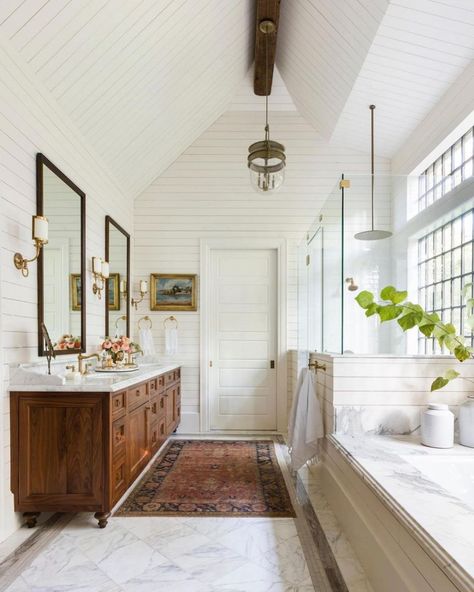 Home decor • Instagram Marie Flanigan, Dark Wood Cabinets, Upstairs Bathrooms, Traditional Bathroom, Wood Cabinets, Amazing Bathrooms, Bathroom Inspiration, Bathroom Interior Design, Master Bath