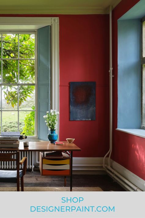 Romesco - A rich, brilliant red evocative of the classic Spanish sauce seen on the walls. Sardine - a silver blue seen on the shutters. Shop both shades now on our website!💙 Spanish Sauce, Farrow Bal, Christopher John Rogers, Bedroom Blanket, Farrow And Ball Paint, Farrow And Ball, Storing Paint, Entryway Furniture, Living Room Furniture Sofas