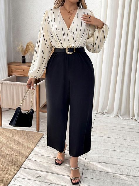 Black Casual Collar Long Sleeve Woven Fabric Graphic Other Embellished Non-Stretch  Women Plus Clothing Women Plus Size Outfits, Casual Chic Outfits, Plus Size Jumpsuits, Plus Size Jumpsuit, Bishop Sleeve, Casual Chic Outfit, Jumpsuit With Sleeves, Chic Outfit, Women Plus Size