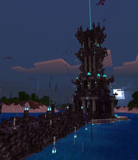 Blackstone (The Dark Tower) Tower 2.0 Nether Castle Ideas, Minecraft Houses Blackstone, Blackstone Tower Minecraft, Minecraft Deep Slate Tower, Blackstone Wall Minecraft, Blackstone Build Minecraft, Black And Purple Minecraft Builds, Minecraft Evil Tower, Dark Tower Minecraft