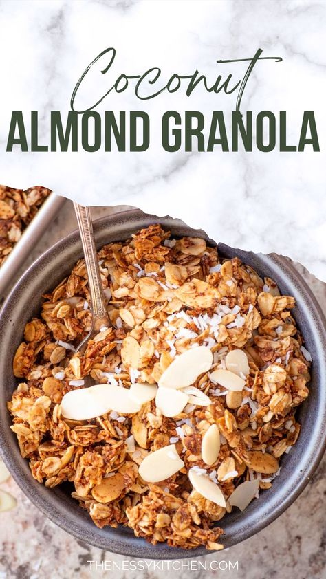 This homemade granola recipe is extra chunky, delicious and full of almond coconut flavor. Enjoy it for breakfast or a snack! Granola Flavor Ideas, Unique Granola Recipes, Mediterranean Granola, Coconut Almond Granola, Almond Granola Recipe, Walnut Granola, Coconut Granola Recipe, Diy Granola, Soft Granola