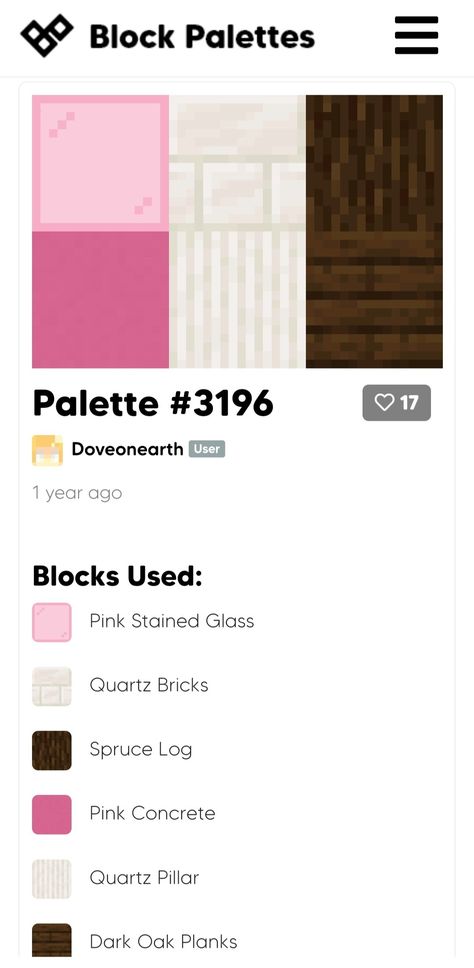 Pink Block Palette Minecraft, Pink Minecraft Block Pallete, Minecraft Pink Pallet, Cherry Wood Color Palette Minecraft, Minecraft Block Palate, Pink Minecraft Pallet, Minecraft Color Palette For Houses, Minecraft Block Combinations, Minecraft House Palette