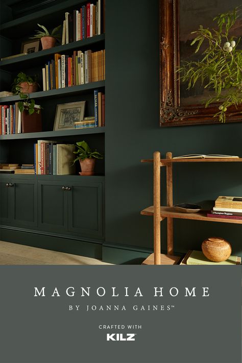 If you’re looking for library room ideas, this reading space designed using Magnolia Home by Joanna Gaines® paint is proof that deep, rich hue can set the scene. Learn more about this paint color and see more photos of this cozy green library on our blog. Dark Trim Colors Interior, Green Library Room, 1905 Green, Dark Green Rooms, Green Library, Green Accent Walls, Dark Green Walls, Salon Suites, Home Cozy