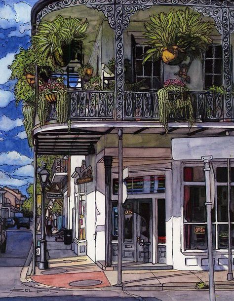 New Orleans Painting, New Orleans Art, Pen And Wash, New Orleans French Quarter, Urban Sketchers, Urban Sketching, Watercolor Sketch, Architecture Sketch, Watercolor Landscape