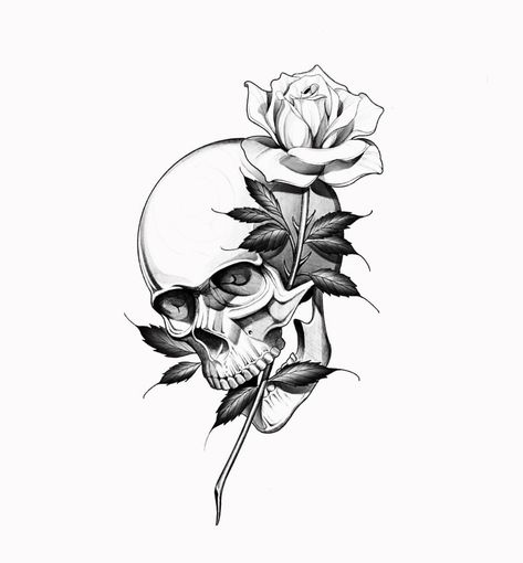 Skull Flower Tattoo Men, Skull With Rose In Mouth Tattoo, Skull With Rose In Mouth, Skull And Rose Tattoo Design, Rose Skull Tattoo, Dark Tattoos For Men, Skull And Rose Tattoo, Half Sleeve Tattoos Sketches, Mouth Tattoo