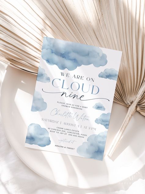 ON CLOUD NINE | Baby Shower Invitation Template, Printable, Dusty Blue, Baby Boy, We Are On Cloud 9 Invite, Digital Download Cloud Baby Shower Theme, Baby Shower Blue, On Cloud Nine, Bridal Shower Invitations Templates, Boy Baby Shower Themes, Invitation Baby Shower, Baby Shower Winter, Cloud Nine, Blue Baby Shower