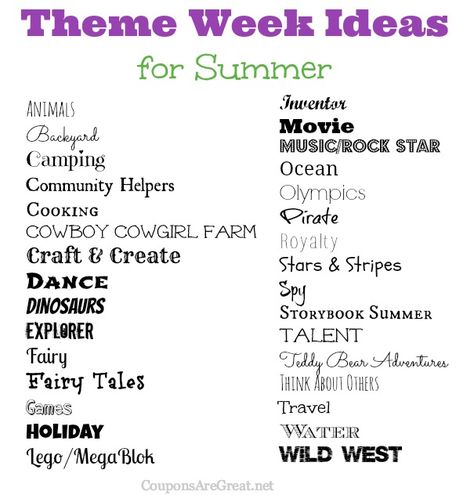 Frugal Summer Fun Ideas: Summer Theme Week Ideas.  Great list so we will never be bored!  Lots of ideas linked in the post as well. Theme Week Ideas, Summer Fun Ideas, Summer Camping Ideas, Summer Camp Themes, Camping Activities For Kids, Summer Camp Activities, Summer Schedule, Summer Preschool, Theme Days