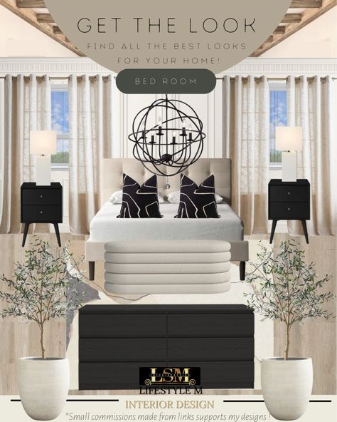 Cream Bed With Black Furniture, Black White Cream Bedroom, Dresser And Night Stand Ideas, Cream And Black Bedroom, Beige And Black Bedroom Ideas, Modern Black And White Bedroom, Black And Cream Bedroom Ideas, Oasis Home Decor, Black Dresser Bedroom