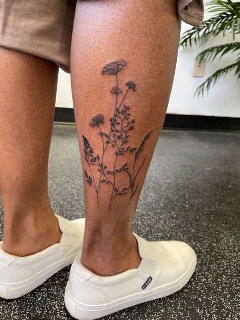 Fineline Flower Tattoo Sleeve, Queens Lace Tattoo, Outside Calf Tattoo, Flowers Calf Tattoo, Floral Tattoo Calf, Flower On Leg Tattoo, Flower Bouquet Tattoo Leg, Womens Calf Tattoo Ideas Simple, Wildflower Leg Sleeve