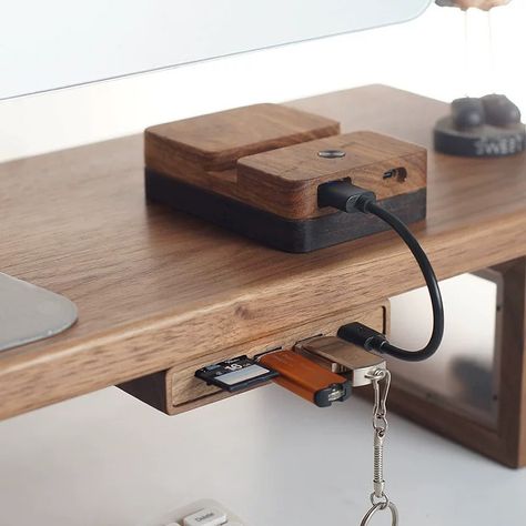 Our solid wood under-table docking station serves as both an extension to multiple charging cables & also a complementary aesthetic to your desk. Choose from 3 different type of USB/Type C/Micro USB ports & fix it wherever most suited. Computer Desk Design, Vr Accessories, Work Space Organization, 3d Printing Projects, Black Walnut Wood, Pc Case, Home Office Setup, Charging Dock, Office Setup