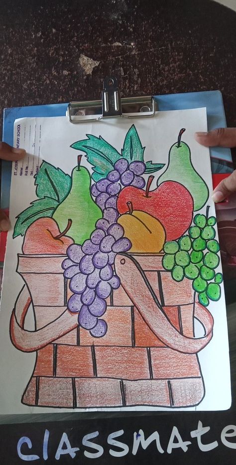 Fruit basket Easy Fruit Basket Drawing, Basket Of Fruits Drawing, Fruit Basket Drawing For Kids, Fruits Basket Drawing, Fruit Bowl Drawing, Fruit Basket Drawing, Kids Fest, Sunset Painting Easy, Fruit Art Drawings