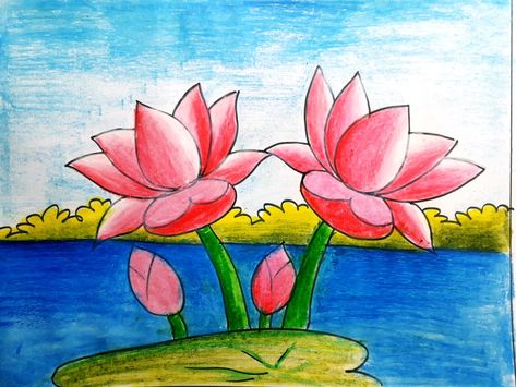 Lotus Scenery Drawing, Lotus Drawing For Kids, Easy Nature Drawings, Teenage Drawings, Basic Drawing For Kids, Super Easy Drawings, Scenery Drawing For Kids, Lotus Flower Drawing, Lotus Drawing