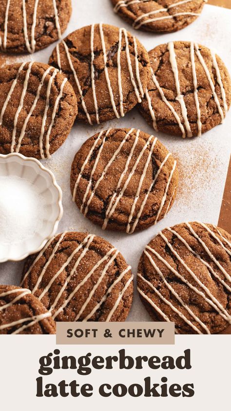 These gingerbread latte cookies are incredibly soft and chewy with a crunchy sugar coating and a drizzle of icing. They are full of spiced gingerbread and espresso flavour to elevate these classic holiday cookies! #gingerbread #cookies #holidaybaking | teakandthyme.com Gingerbread Latte Cookies, Coffee Flavored Cookies, Vegan Gingerbread Cookies, Monster Treats, Chewy Gingerbread Cookies, How To Make Gingerbread, Soft Gingerbread Cookies, Vegan Gingerbread, Cookies Gingerbread