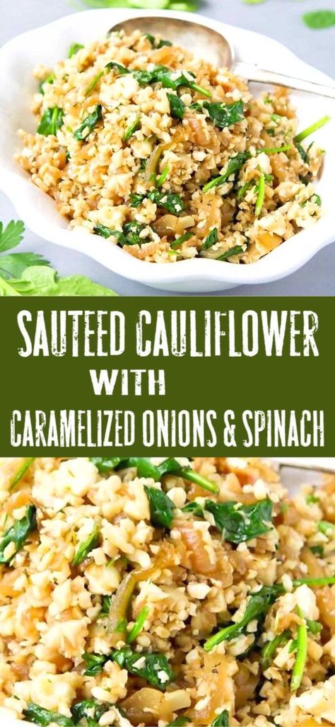 This Sautéed Cauliflower Rice is packed with savory sweet caramelized onions and spinach, and topped with salty feta cheese. 76 calories and 2 Weight Watchers Freestyle SP #cauliflowerrice #healthyrecipes Sautéed Cauliflower, Sauteed Cauliflower, Cauliflower Rice Recipes, Rice Recipes For Dinner, Healthy Low Carb, Andouille, Vegetarian Recipes Easy, Cauliflower Recipes, Veggie Dishes