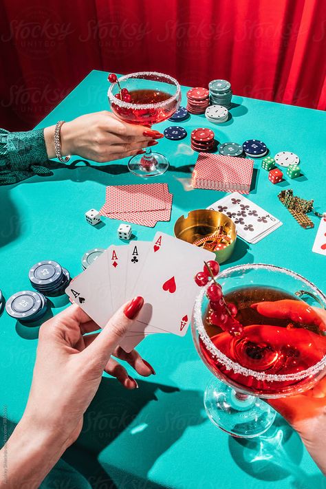 Stylish female hands playing cards on poker table. Poker Chips Photography, Cards Night Party, Poker Photoshoot Ideas, Vintage Poker Aesthetic, Holding Playing Cards Reference, Girls Poker Night, Casino Editorial, Playing Cards Photoshoot, Poker Night Aesthetic